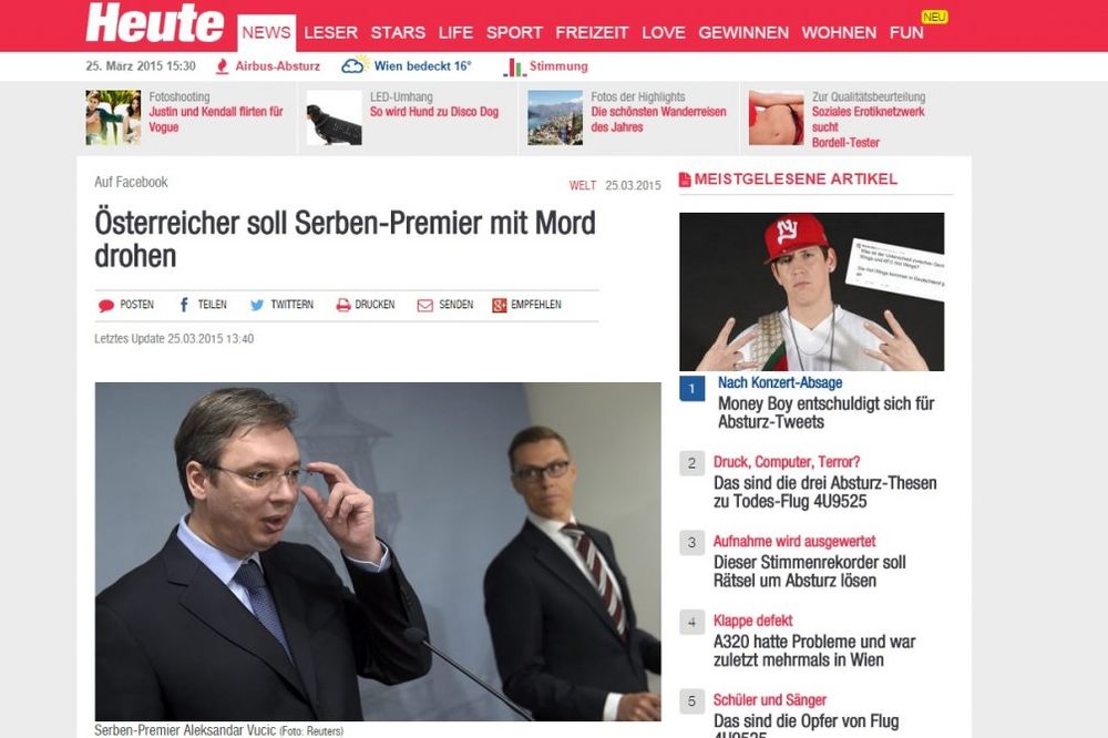 Pretnje smrću srpskom premijeru glavna vest i u austrijskim medijima