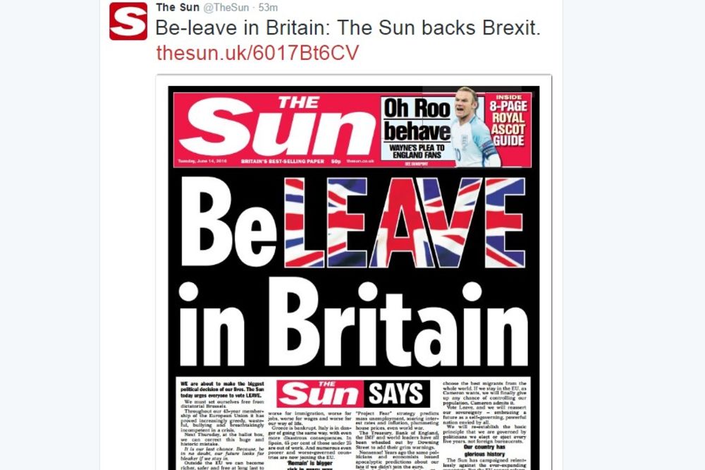 SAN PODRŽAO BREGZIT: Najtiražniji britanski list pozvao na izlazak iz EU