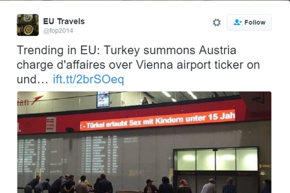 ANKARA LJUTA: Na aerodromu u Beču piše da Turska dozvoljava seks s decom mlađom od 15 godina