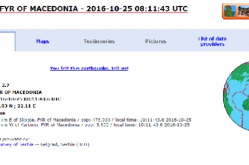 NOVI POTRES U MAKEDONIJI: Zemljotres jačine 2,7 Rihtera tresao Skoplje!