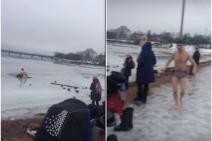 (VIDEO) ZA DIVLJENJE: Mladić u gaćama ušao u ledeno jezero i spasao psa koji se davio