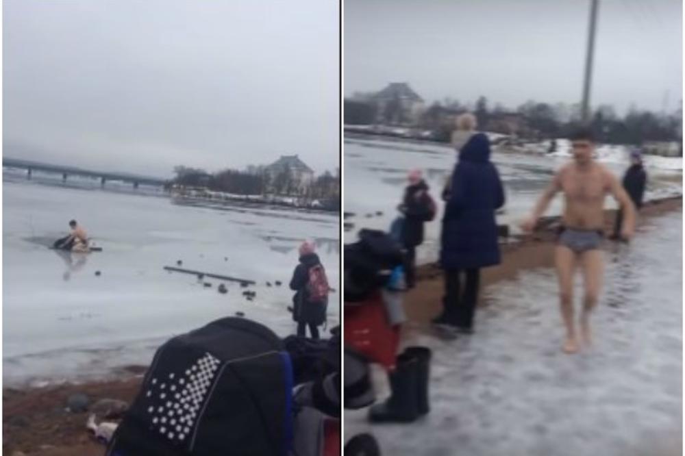 (VIDEO) ZA DIVLJENJE: Mladić u gaćama ušao u ledeno jezero i spasao psa koji se davio