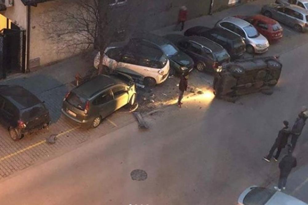 OPŠTI HAOS U NOVOM SADU: Crnim džipom se zakucao u parkirane automobile, pa se prevrnuo