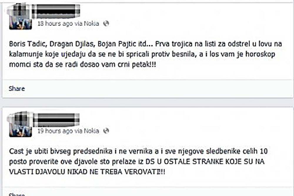 DS prijavila pretnje smrću Đilasu, Tadiću i Pajtiću na Fejsbuku!