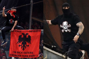 ISKOPIRAO BOGDANOVA: Albanski navijač sa zastavom i srednjim prstom na ogradi stadiona u Đenovi