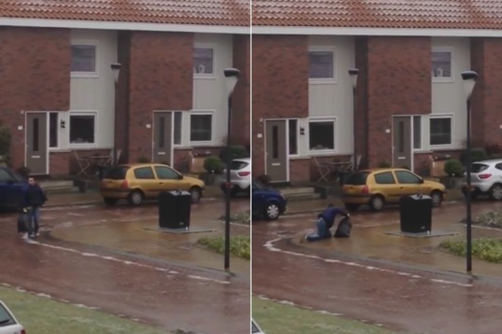 (VIDEO) VELIKA GREŠKA: Bez klizaljka krenuo da izbaci đubre po zaleđenoj ulici