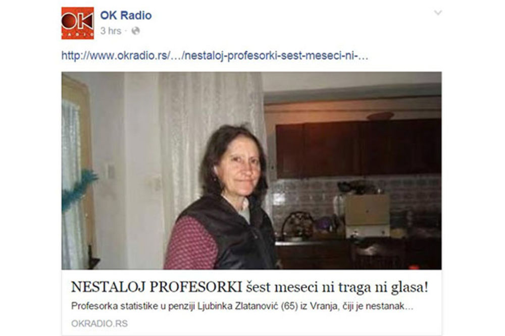 MISTERIJA U VRANJU: Nestaloj profesorki Ljubinki (65) već 6 meseci ni traga, ni glasa