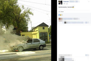 (FOTO) ZASTOJ NA AUTOKOMANDI: Auto izgoreo na šinama