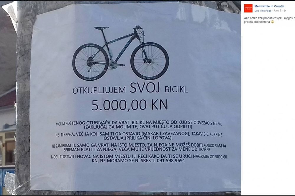 MOLIM POŠTENOG LOPOVA DA MI GA VRATI: Zagrepčanin želi da otkupi svoj bicikl za 666 evra!