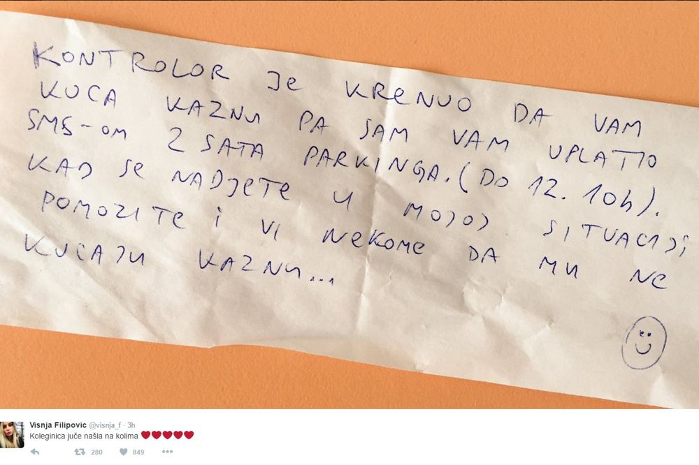 (FOTO) E, OVO JE CAR: Beograđanka zaboravila da plati parking, a onda naišla na ovu poruku!