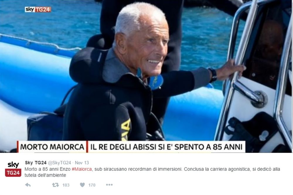 (VIDEO) ZARONIO U VELIKO PLAVETNILO: Preminuo Enco Majorka, jedan od najpoznatijih ronilaca na dah