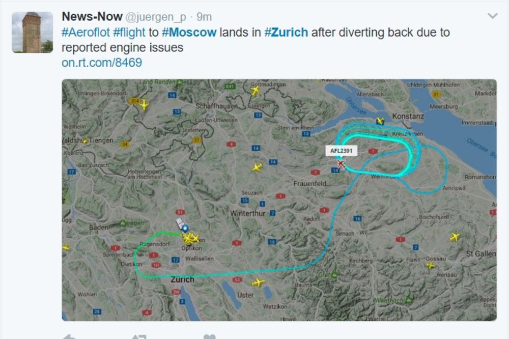 PANIKA NA NEBU: Putnički avion do Moskve IZNENADA vraćen u Cirih