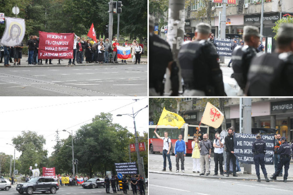 (FOTO) PROTEST UOČI POČETKA PARADE PONOSA: Demonstranti sa porukama osude blokirali Bulevar kralja Aleksandra