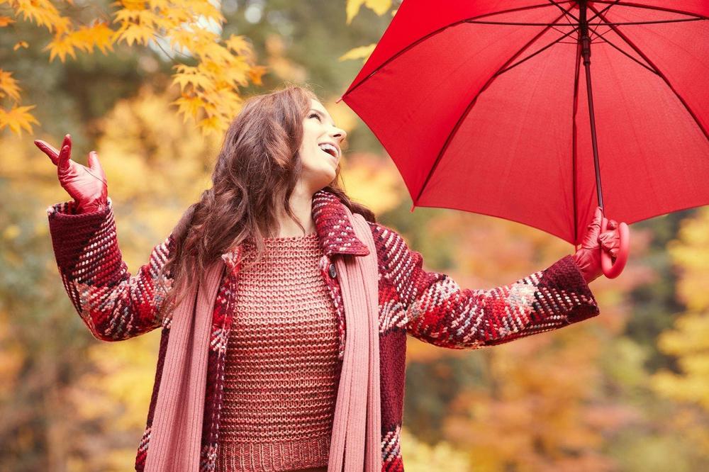lišće, kišobran, srećna, žena, oktobar, jesen