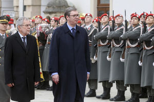 SVEČANI DOČEK ISPRED PALATE HOFBURG: Srpska zastava i počasna garda za Vučića, predsednik se prvo pozdravio sa Srbima iz Beča (VIDEO)