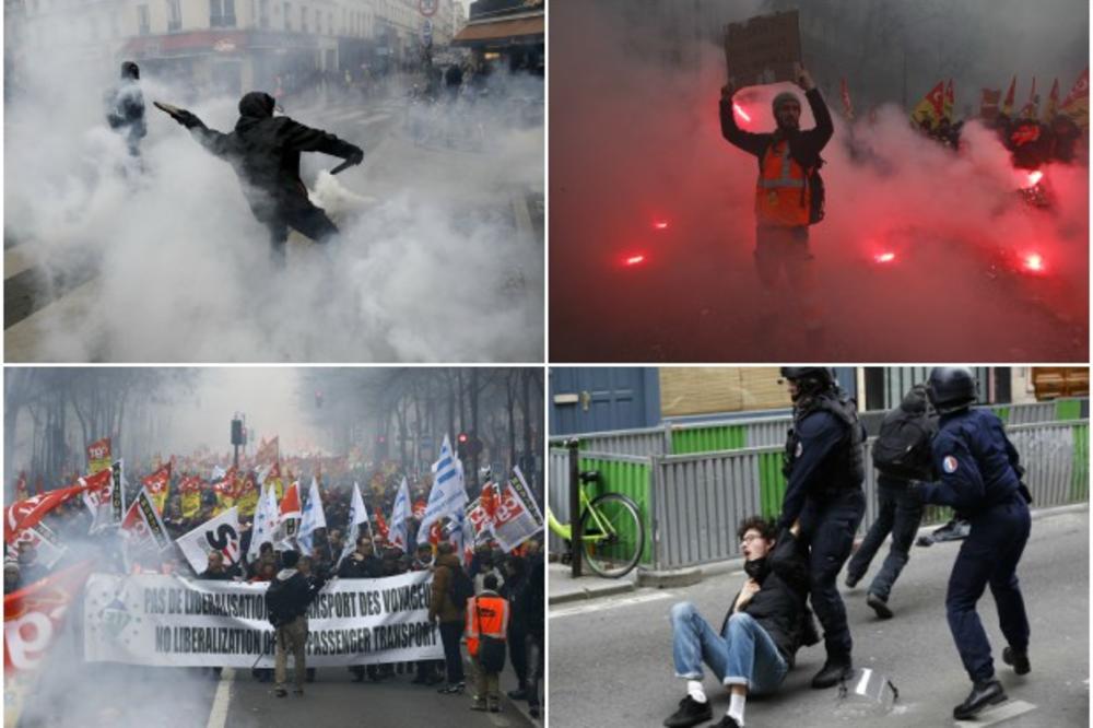 (FOTO, VIDEO) NEREDI U PARIZU ZBOG MAKRONOVIH REFORMI: Policija vodenim topovima i suzavcem na demonstrante, huligani čekićima razbijali izloge banaka