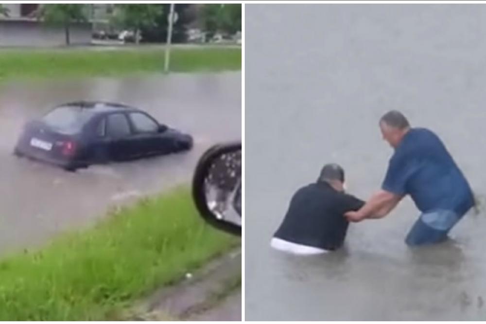 OLUJA I POPLAVE U KARLOVCU: Čoveka izvlačili iz vode, automobil ostao zaglavljen (VIDEO)
