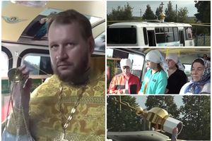 RUSKI POP PRETVARA AUTOBUS U CRKVU ZA TREN OKA: Parkira se, stavi krst na krov, a vernici samo naviru (VIDEO)
