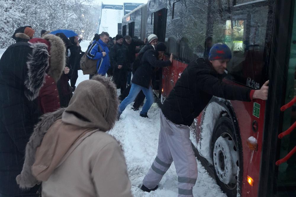 REKLI SU NE ČEKAMO NIKOG I POČELI DA GURAJU: Putnici GSP na liniji 611 sami čupali autobus iz snega! (FOTO)