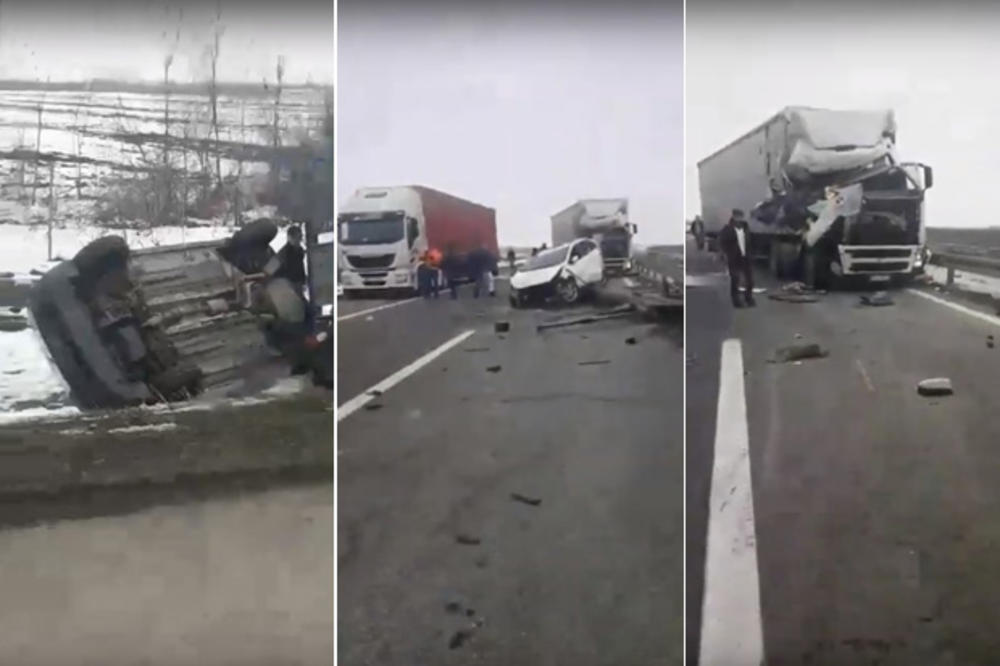 KABINA SMRSKANA, SLUPANI AUTOMOBILI PO AUTO-PUTU: Teška nesreća kod Sremske Mitrovice, šleper se zakucao u kamion! IMA POVREĐENIH (VIDEO)