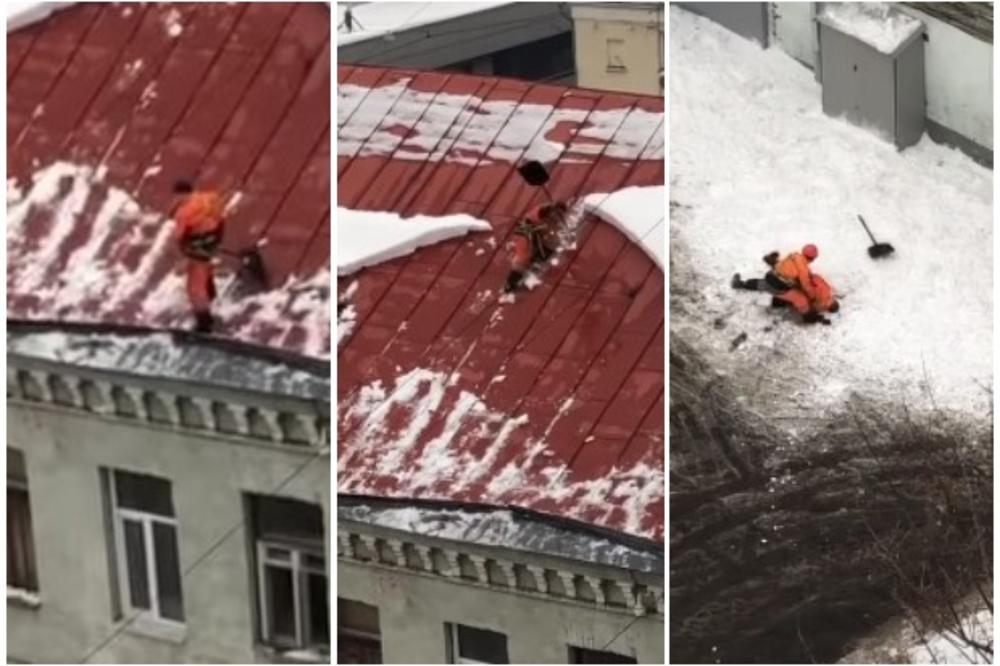 HOROR NA RUSKOM KROVU: Čistio sneg bez zaštite, preživeo pad, ali... (VIDEO)