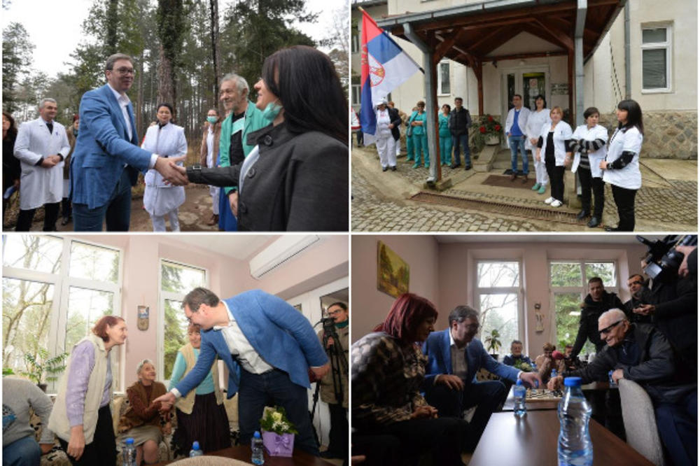 VUČIĆ POSETIO SURDULICU I DOM ZA STARE: Sa čika Ljubom i Timotijem odigrao partiju šaha, popričao sa penzionerkama, pitao ih kako im je, a one mu rekle bolje nego kod kuće jer ih doktorka gleda svaki dan (FOTO)