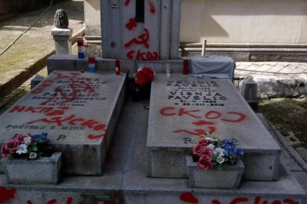 GROB ANTE PAVELIĆA IŠARAN CRVENOM BOJOM: Nacrtani srp i čekić, petokraka i natpis na ćirilici! Komunisti hoće da se grobnica potpuno uništi! (FOTO)