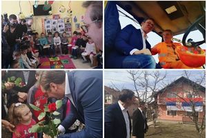 PREDSEDNIK OBILAZI SREMSKI OKRUG: Vučić u Belegišu damama delio ruže, a evo šta su ga sve pitali klinci u vrtiću! Počelo i asfaltiranje puta u Inđiji (FOTO)