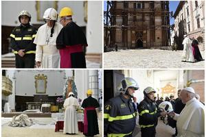 PAPA FRANJA POD ŠLEMOM: Čelnik Vatikana obilazio oštećenu katedralu, ali nije zaboravio na ličnu bezbednost (FOTO)
