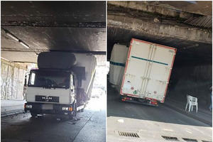 HAOS KOD LESKOVCA: Kamion se zaglavio ispod podvožnjaka, blokirana vozna traka (FOTO)