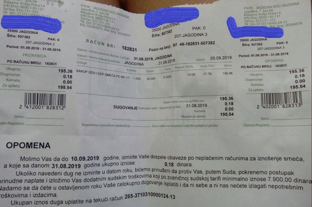 NEVIĐENE STIPSE, JURE ČOVEKA ZA RAVNO 0,18 DINARA: Preduzeće iz Jagodine uručilo sugrađaninu opomenu - ako ne plati, šalju mu izvršitelje a njih će da plati najmanje 8.000!