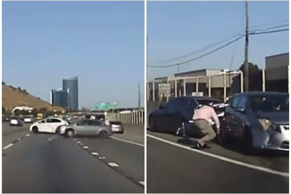 SEKUNDE GA DELILE OD SMRTI: Amerikancu se pokvarila kola na auto-putu, mislio je da je siguran u zaustavnoj traci (VIDEO)