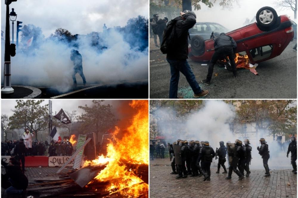 SUZAVAC I VODENI TOPOVI ZA GODIŠNJICU PROTESTA: Pariz u plamenu, Žuti prsluci palili automobile, policija ih sprečila da blokiraju kružni tok (FOTO, VIDEO)