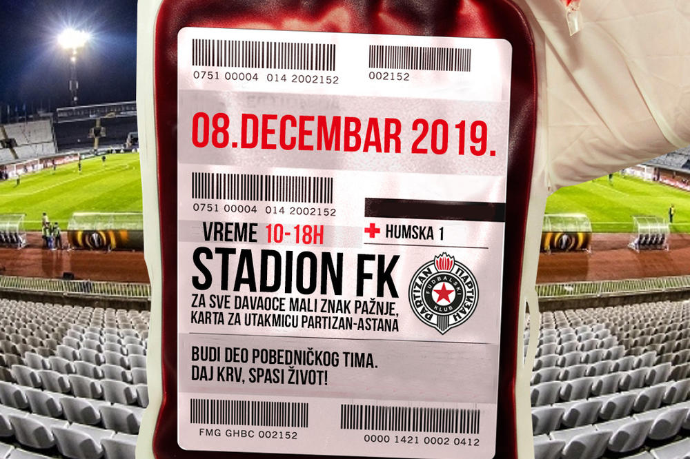 VELIKA AKCIJA DOBROVOLJNOG DAVANJA KRVI NA STADIONU FK “PARTIZAN”: U nedelju, 8. decembra, od 10 do 18 časova