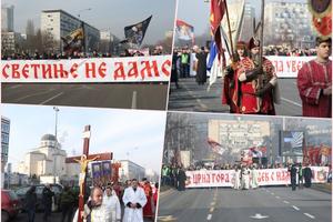 LITIJE U ZEMUNU I NOVOM BEOGRADU: Vernici nosili transparent Svetinje ne damo i Crna Gora mila, uvek s nama bila FOTO