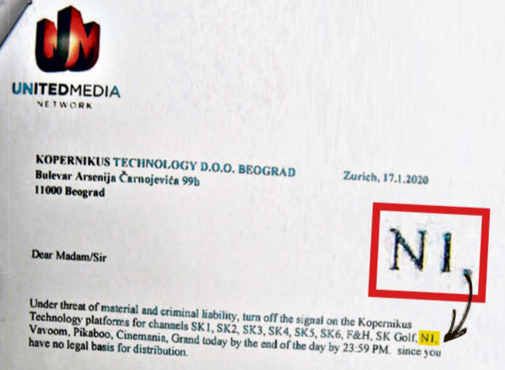 Dokaz: Dokument koji pokazuje da je Junajted medija naredila isključenje kanala