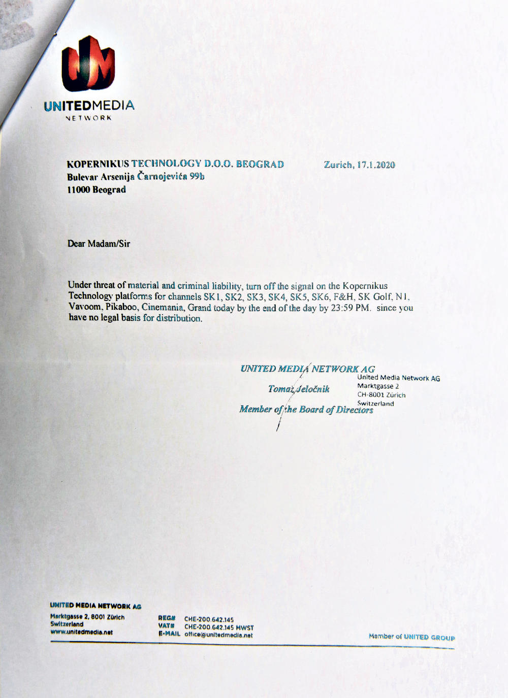 DOKAZ... Papir koji pokazuje da je  Junajted medija tražila  isključenje kanala iz  Telekomove ponude