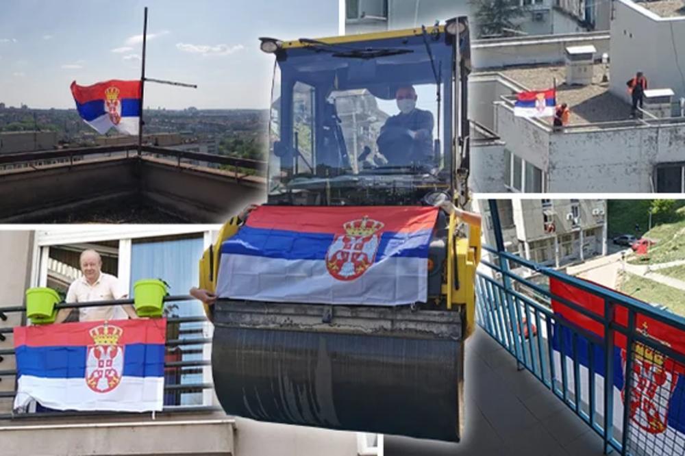 Gradska opština Zvezdara prekrivena srpskim zastavama u znak podrške zdravstvenim radnicima