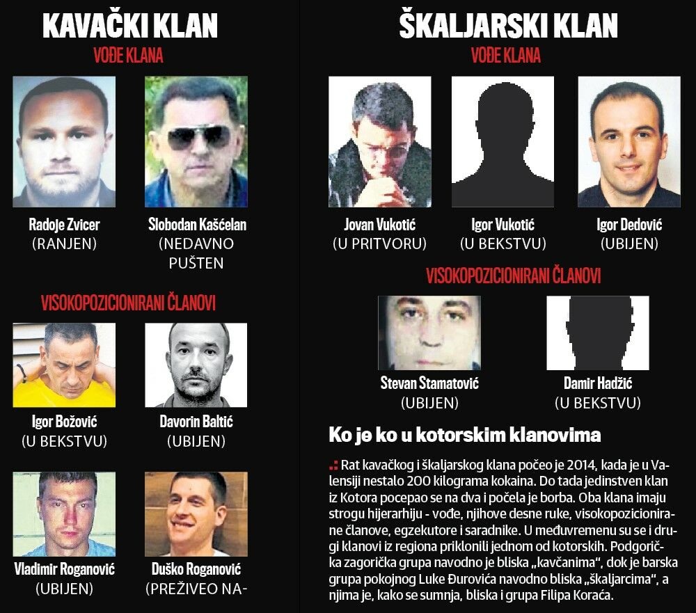 škaljarski klan, kavački klan, rat klanova, Radoje Zvicer, Slobodan Kašćelan, Igor Božović, Davorin Baltić, Vladimir Roganović, Duško Roganović, Jovan Vukotić, Igor Vukotić, Igor Dedović, Stevan Stamatović, Damir Hadžić