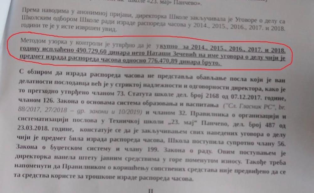 Dokument iz kog se vidi koliko je Zečevićki plaćeno na ime izrade rasporeda školskih časova