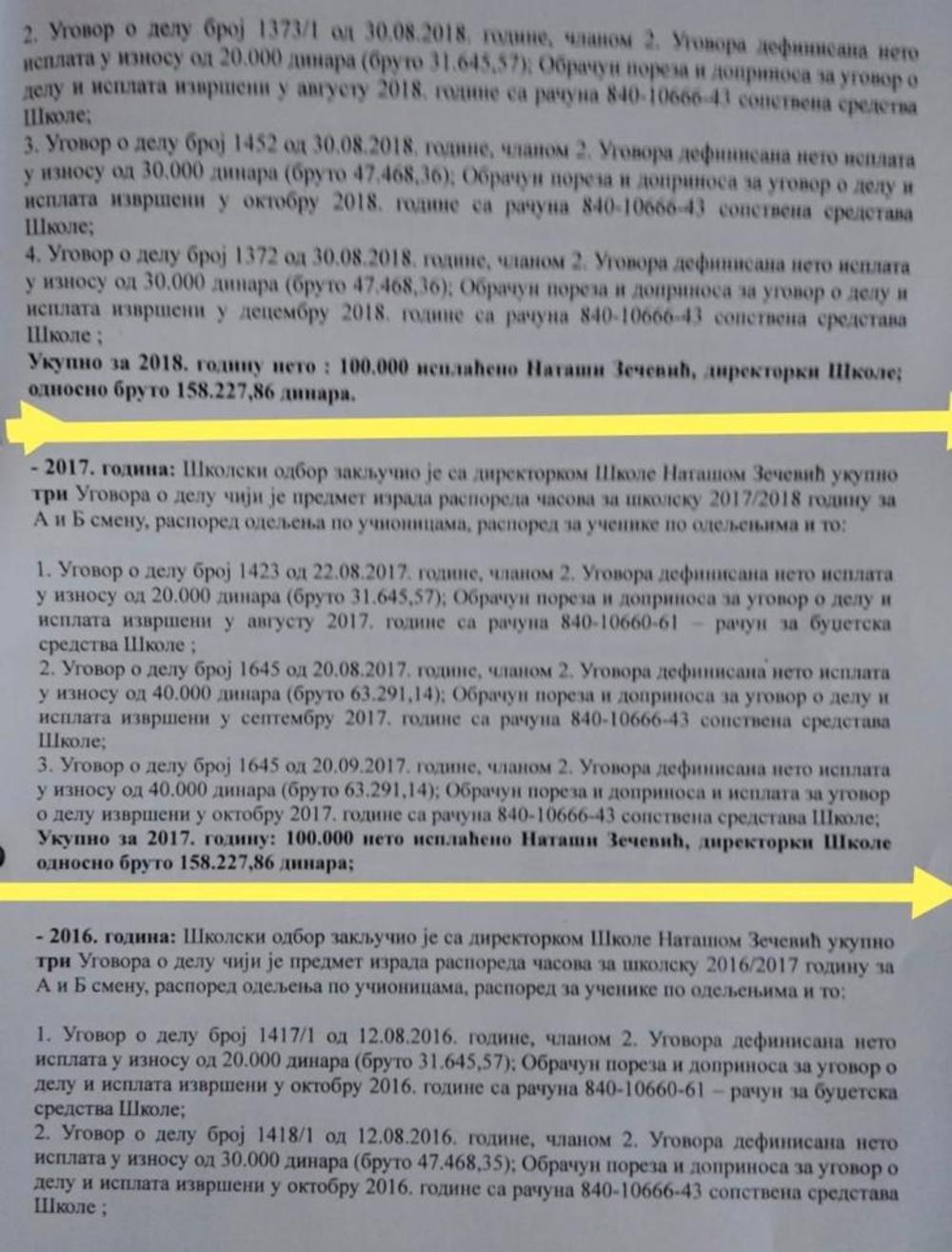 Ovo je dokument iz kog se vidi da je Zečevićka zaključivala ugovoreo delu sa Školskim odborom