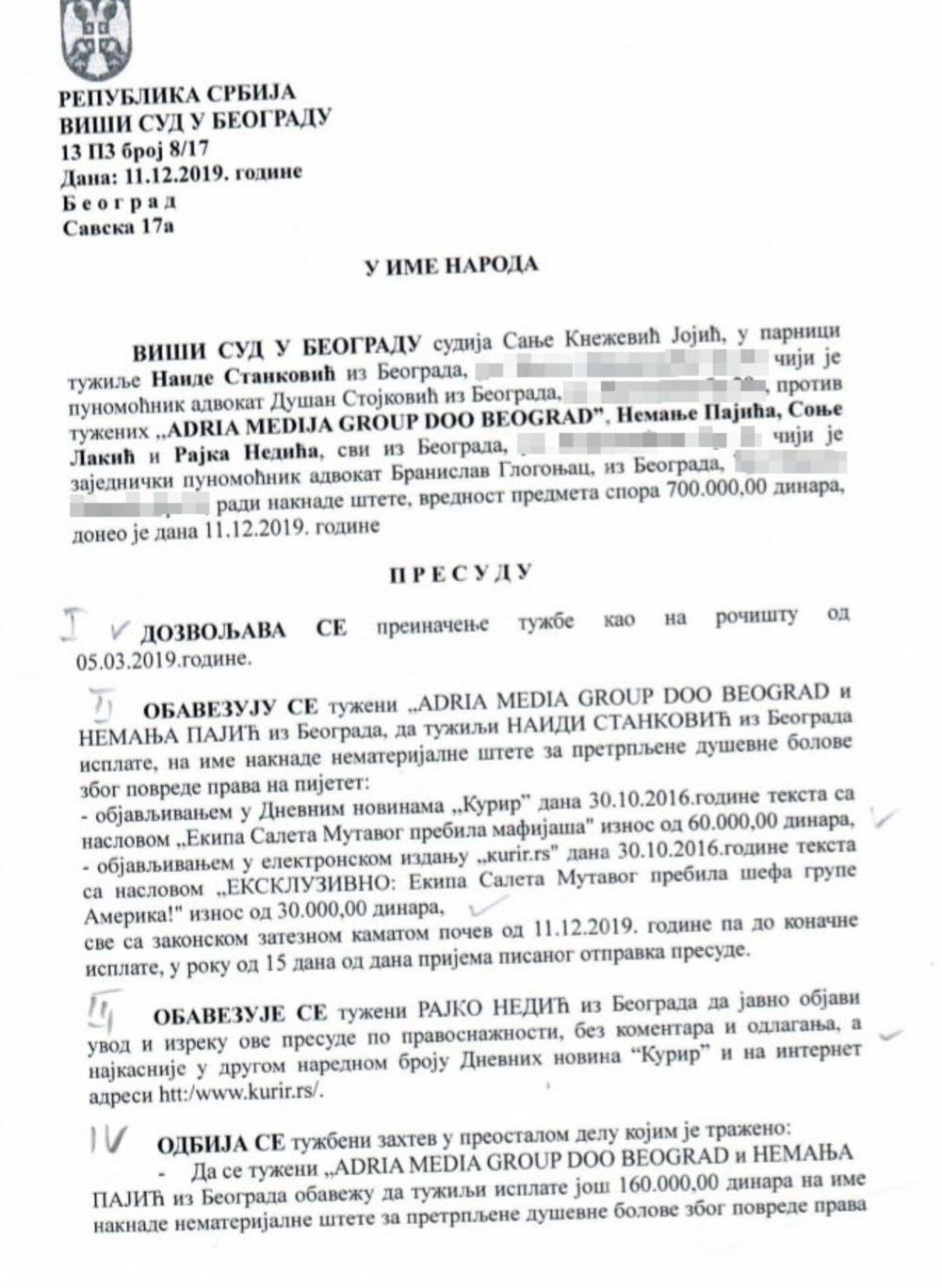 presuda, Viši sud u Beogradu, Naida Stanković