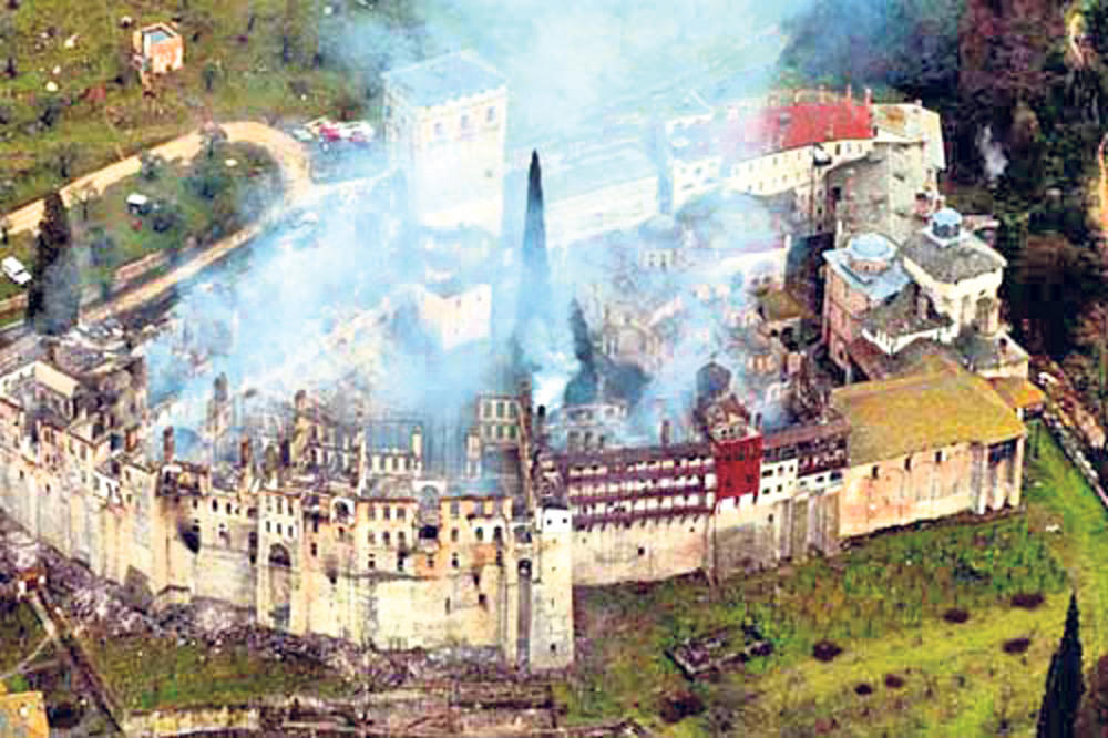 HORRIFIC SCENES – LARGE PORTIONS OF THE MONASTERY DAMAGED IN THE 2004 FIRE. PHOTO CREDIT: HILANDAR.ORG