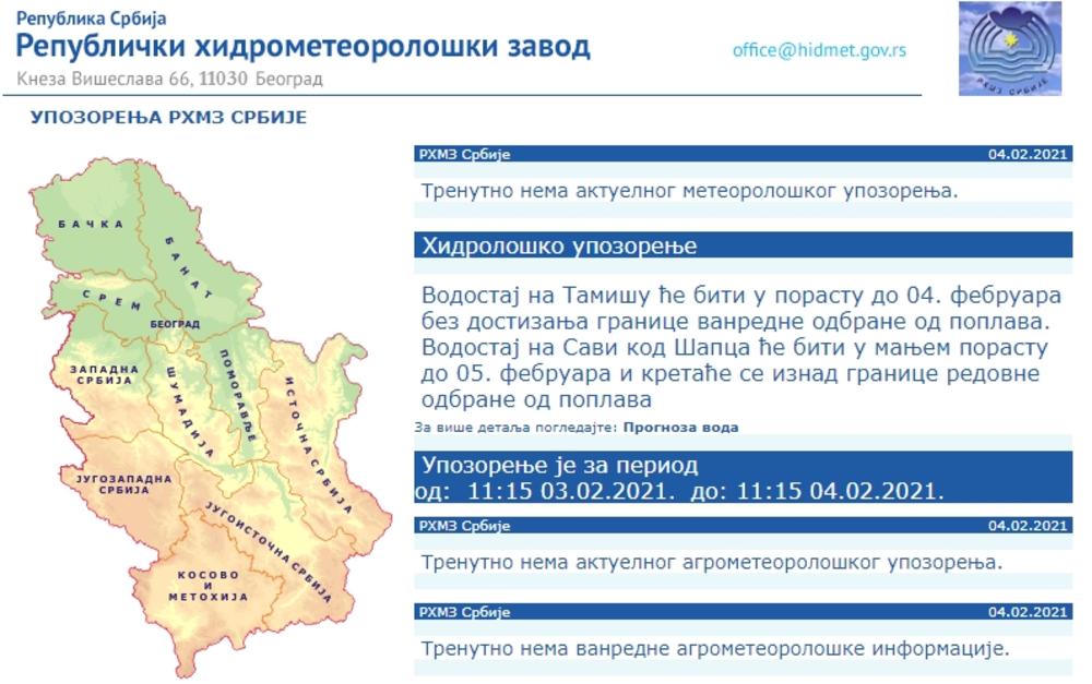 RHMZ upozorenje 4. februar