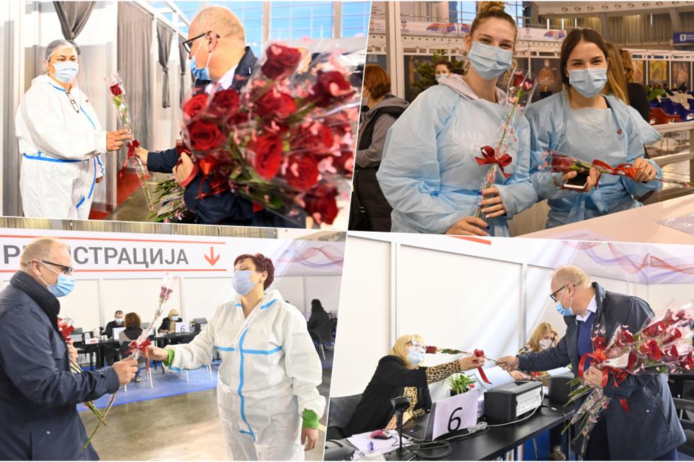 RUŽE NA SAJMU: Vesić obišao medicinske radnice koje vakcinišu građane i poklonio im cveće (FOTO)