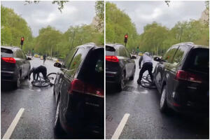 ZA DLAKU SE IZVUKAO Biciklista pao, a bahati vozač dodao gas i pregazio bicikl: Zamalo da strada i noga mladića VIDEO
