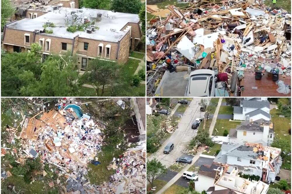 SNIMAK DRONOM POKAZAO ŠTA JE OSTALO POSLE TORNADA: Predgrađe Čikaga opustošeno, kuće uništene, vetrovi duvali 225 km na sat VIDEO