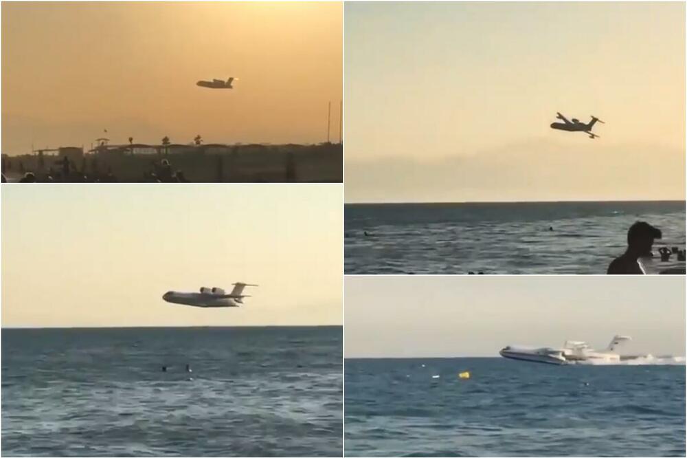 SPASILAC U AKCIJI GAŠENJA POŽARA U TURSKOJ: Amfibija Be-200 poleće i sleće na morsku površinu blizu prepune plaže VIDEO
