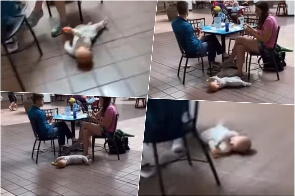 ŠOKANTAN SNIMAK IZ TRŽNOG CENTRA Roditelji jedu za stolom, dok njihova beba leži na podu VIDEO