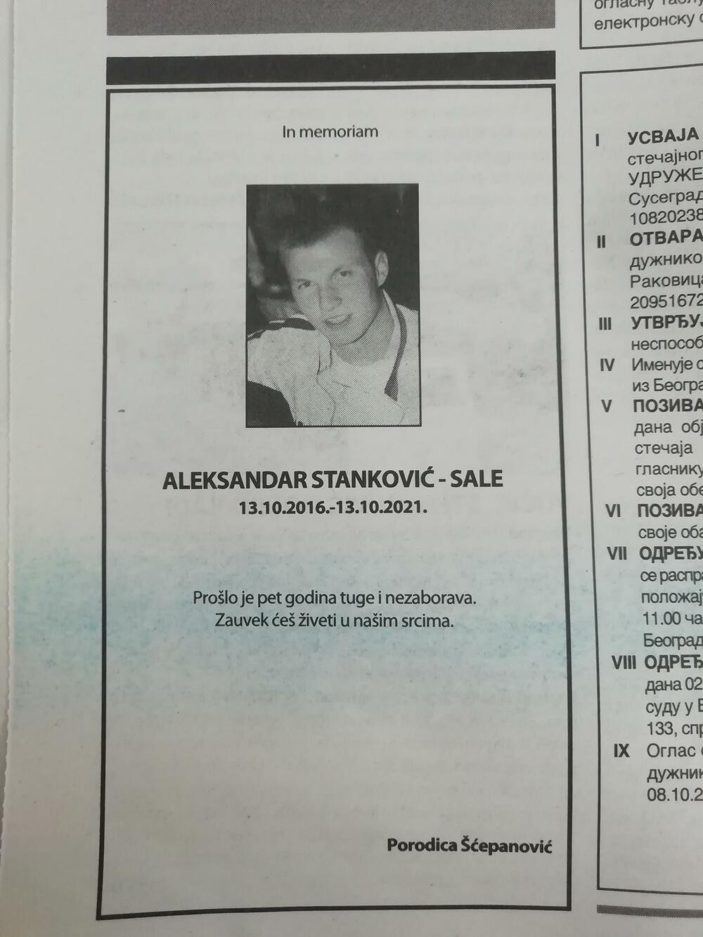 čitulja, Aleksandar Stanković